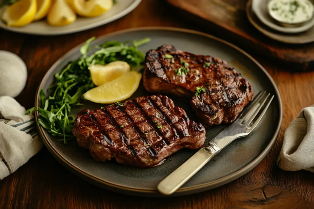 Close-up of perfectly cooked New York Strip and Ribeye steaks on a modern kitchen countertop, highlighting their texture and marbling.