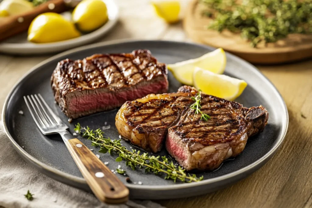 Close-up of perfectly cooked New York Strip and Ribeye steaks on a modern kitchen countertop, highlighting their texture and marbling.