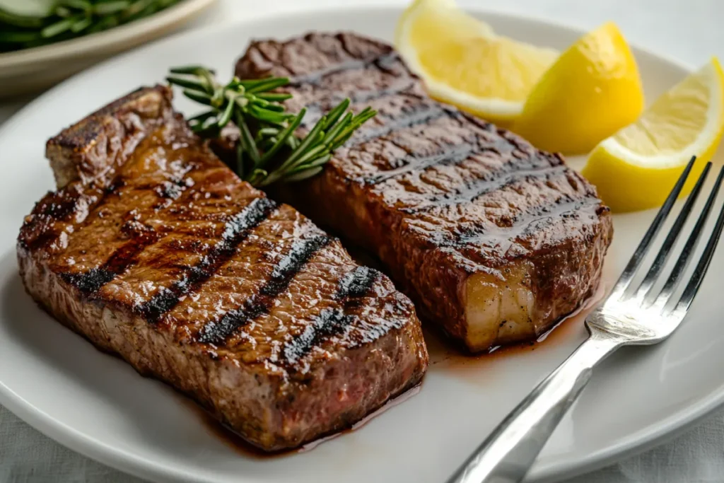 Close-up of perfectly cooked New York Strip and Ribeye steaks on a modern kitchen countertop, highlighting their texture and marbling.