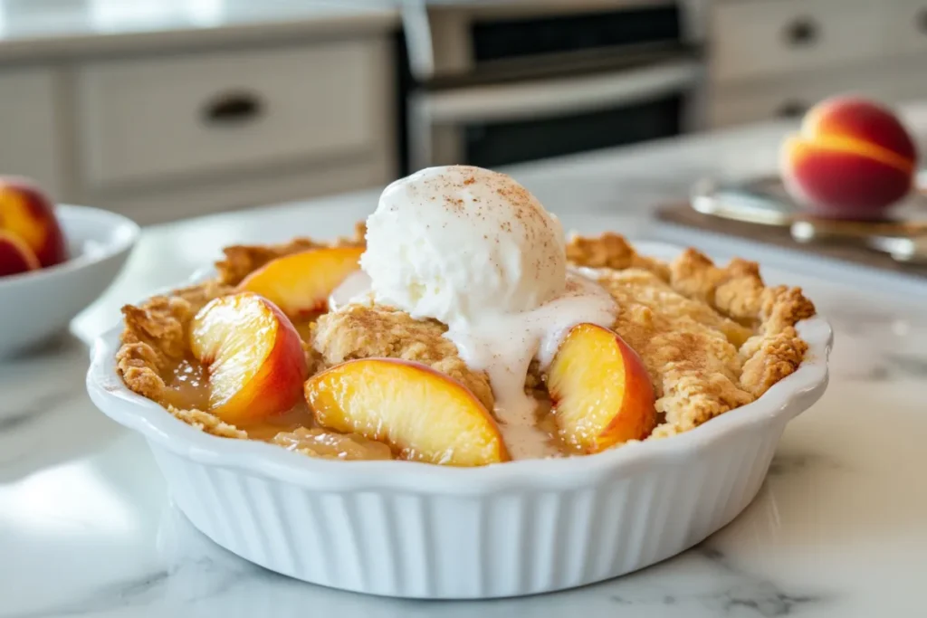 Golden peach cobbler with a crispy crust, topped with melting vanilla ice cream, served warm in a modern kitchen setting.