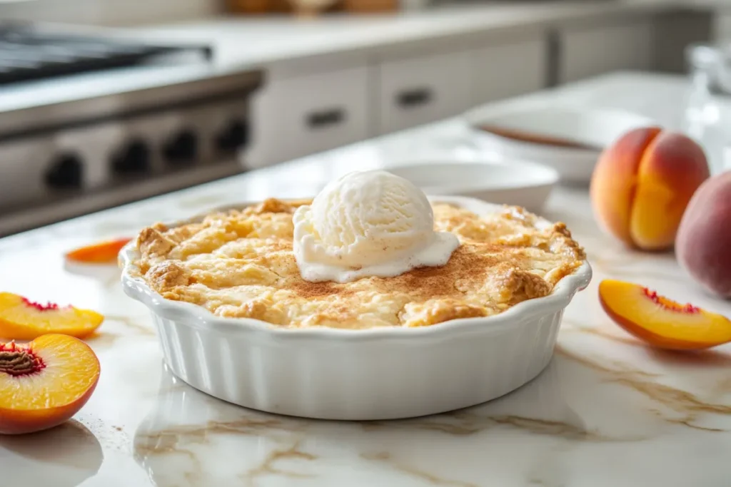 Golden peach cobbler with a crispy crust, topped with melting vanilla ice cream, served warm in a modern kitchen setting.