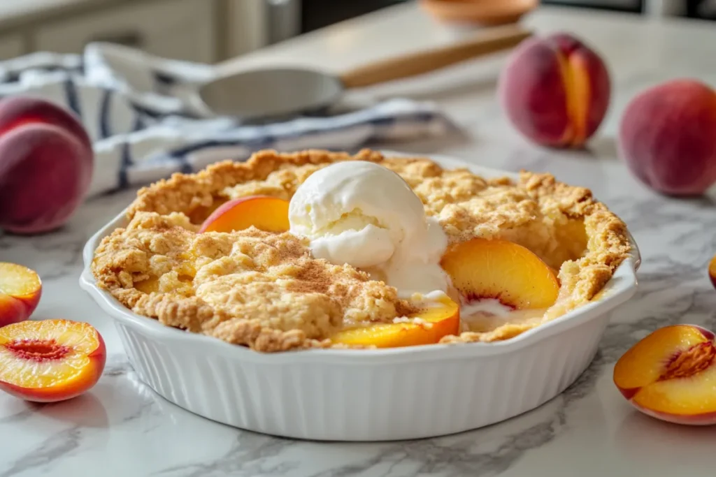 Golden peach cobbler with a crispy crust, topped with melting vanilla ice cream, served warm in a modern kitchen setting.