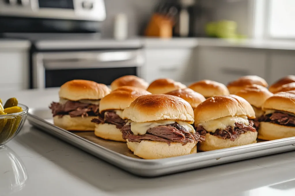 Tray of freshly baked roast beef sliders with melted cheese and golden buns on a modern kitchen countertop, ready to serve for parties or casual meals.