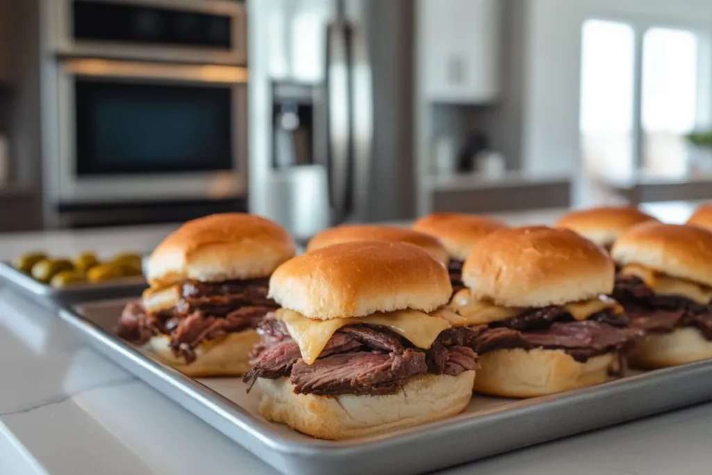 Tray of freshly baked roast beef sliders with melted cheese and golden buns on a modern kitchen countertop, ready to serve for parties or casual meals.