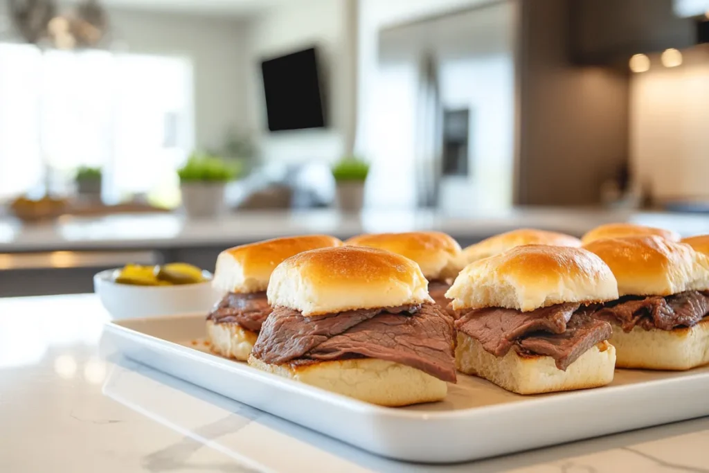 Tray of freshly baked roast beef sliders with melted cheese and golden buns on a modern kitchen countertop, ready to serve for parties or casual meals.