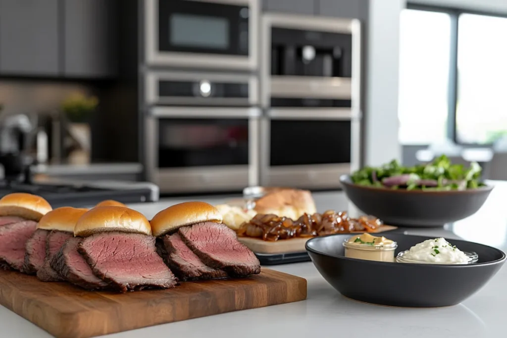 Tray of freshly baked roast beef sliders with melted cheese and golden buns on a modern kitchen countertop, ready to serve for parties or casual meals.