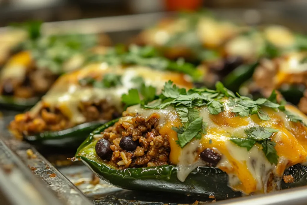 Stuffed poblano peppers filled with a savory mix of ground beef, beans, and cheese, garnished with cilantro, served hot and fresh from the oven.