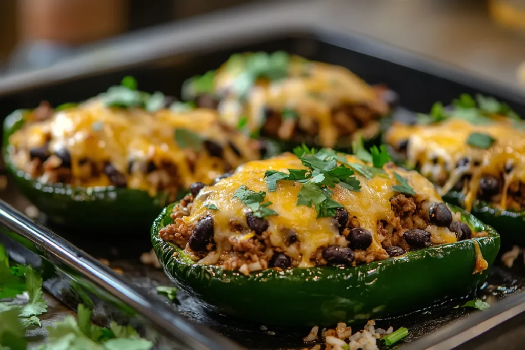 Stuffed poblano peppers filled with a savory mix of ground beef, beans, and cheese, garnished with cilantro, served hot and fresh from the oven.