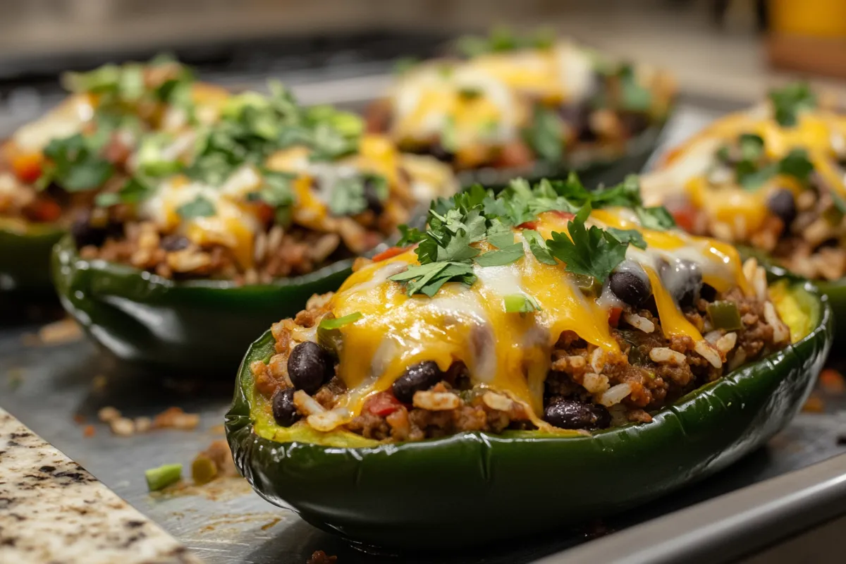 Stuffed poblano peppers filled with a savory mix of ground beef, beans, and cheese, garnished with cilantro, served hot and fresh from the oven.