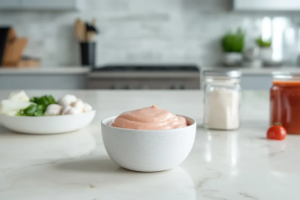 yum yum Sauce side by side in bowls on a modern kitchen countertop, showcasing their distinct colors and textures in a sleek setting.