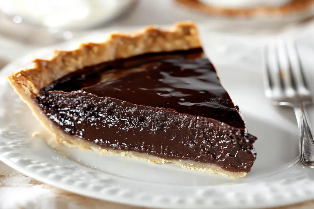 a rich and gooey Chocolate Fudge Pie on a white background, showcasing its glossy top and flaky crust, set in a modern kitchen