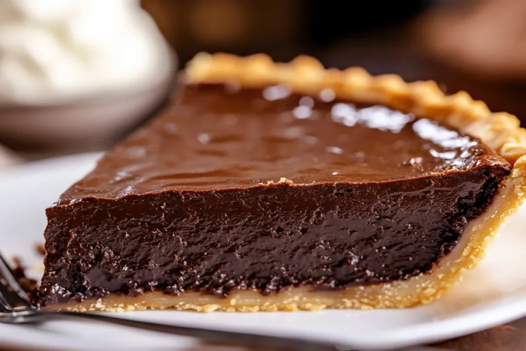 a rich and gooey Chocolate Fudge Pie on a white background, showcasing its glossy top and flaky crust, set in a modern kitchen