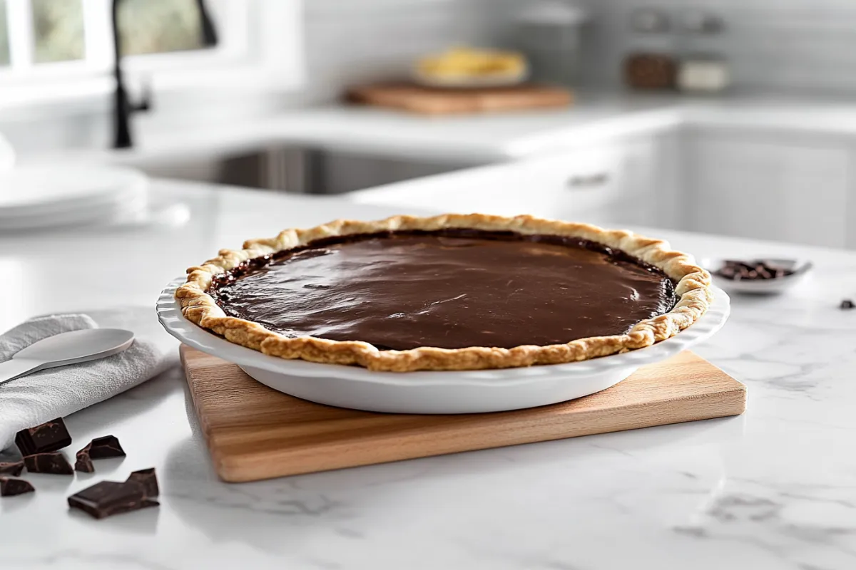 a rich and gooey Chocolate Fudge Pie on a white background, showcasing its glossy top and flaky crust, set in a modern kitchen