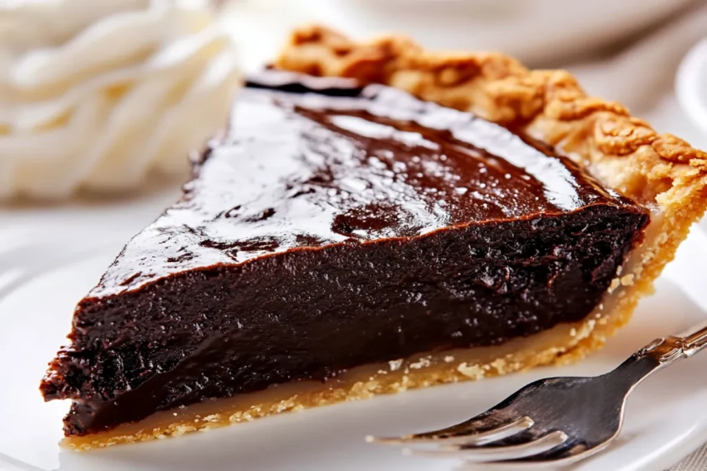 a rich and gooey Chocolate Fudge Pie on a white background, showcasing its glossy top and flaky crust, set in a modern kitchen