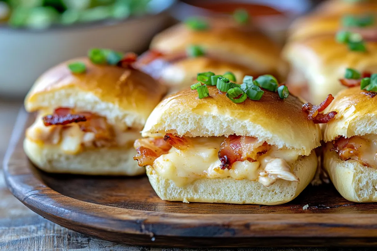 golden Crack Chicken Sliders with melted cheese, crispy bacon, and ranch-seasoned chicken on soft Hawaiian rolls, served on a rustic platter.