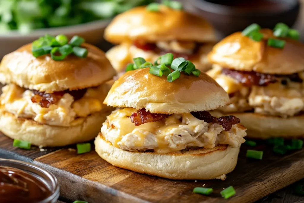 golden Crack Chicken Sliders with melted cheese, crispy bacon, and ranch-seasoned chicken on soft Hawaiian rolls, served on a rustic platter.