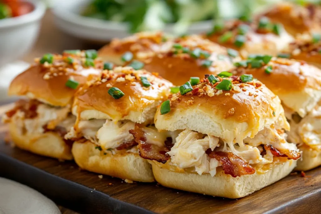 golden Crack Chicken Sliders with melted cheese, crispy bacon, and ranch-seasoned chicken on soft Hawaiian rolls, served on a rustic platter.