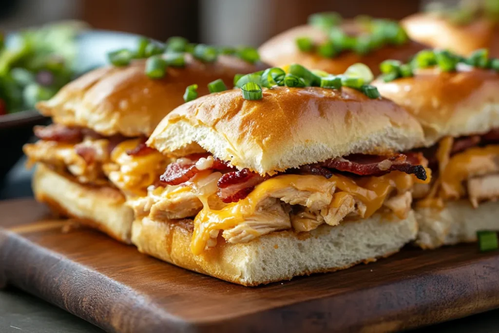 golden Crack Chicken Sliders with melted cheese, crispy bacon, and ranch-seasoned chicken on soft Hawaiian rolls, served on a rustic platter.