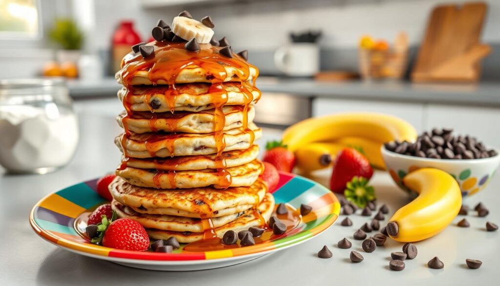 Kid-friendly breakfast chocolate chip pancakes