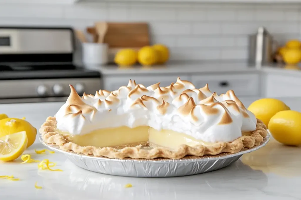 freshly baked Lemon Meringue Pie with golden-brown peaks of meringue and vibrant yellow lemon filling, set in a modern kitchen