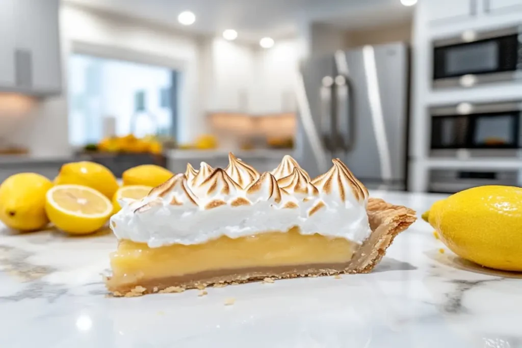 freshly baked Lemon Meringue Pie with golden-brown peaks of meringue and vibrant yellow lemon filling, set in a modern kitchen