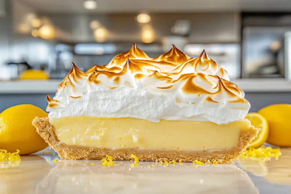 freshly baked Lemon Meringue Pie with golden-brown peaks of meringue and vibrant yellow lemon filling, set in a modern kitchen