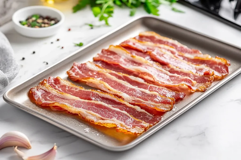 Close-up of crispy, golden-brown beef bacon strips sizzling in a pan, showcasing rich texture and smoky flavor in a modern kitchen setting