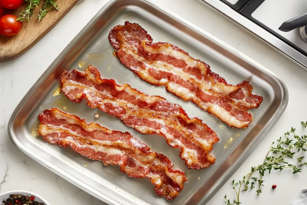 Close-up of crispy, golden-brown beef bacon strips sizzling in a pan, showcasing rich texture and smoky flavor in a modern kitchen setting