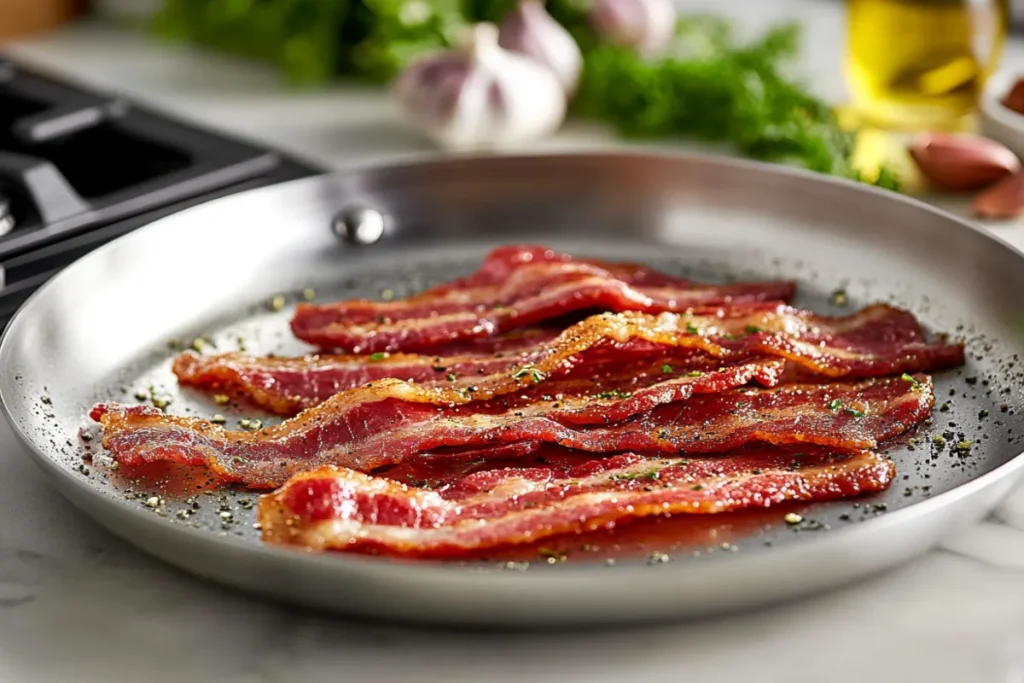 Close-up of crispy, golden-brown beef bacon strips sizzling in a pan, showcasing rich texture and smoky flavor in a modern kitchen setting