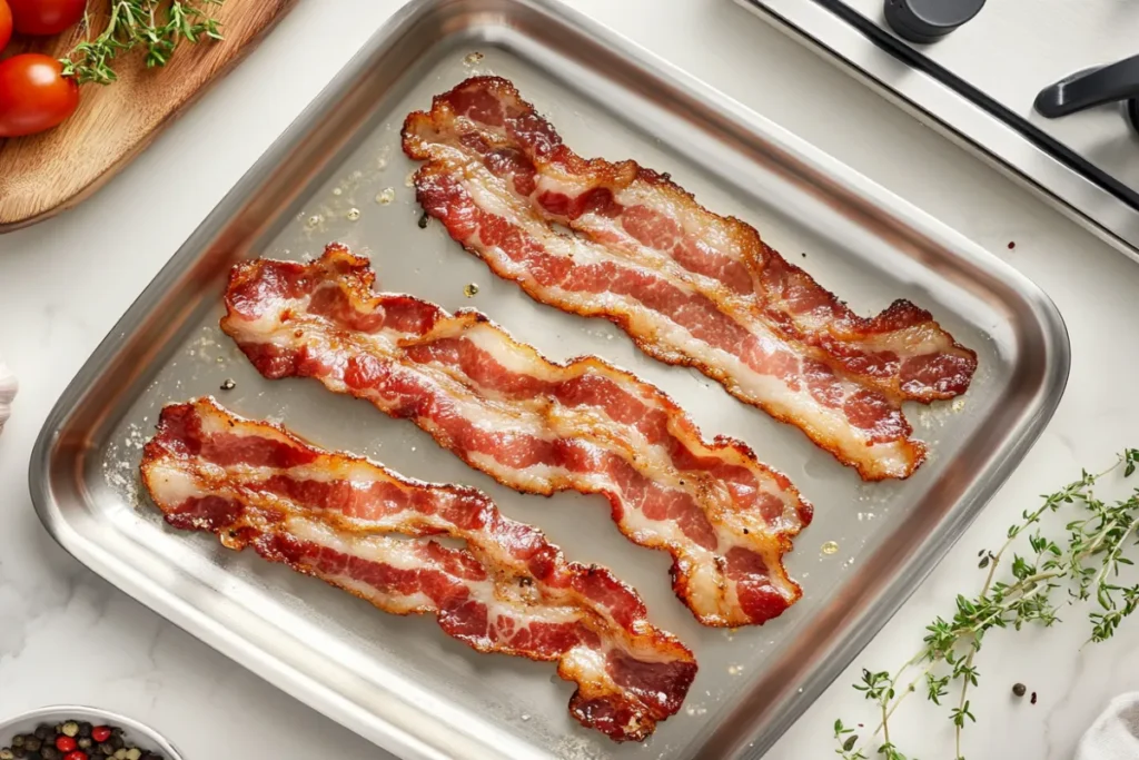 Close-up of crispy, golden-brown beef bacon strips sizzling in a pan, showcasing rich texture and smoky flavor in a modern kitchen setting